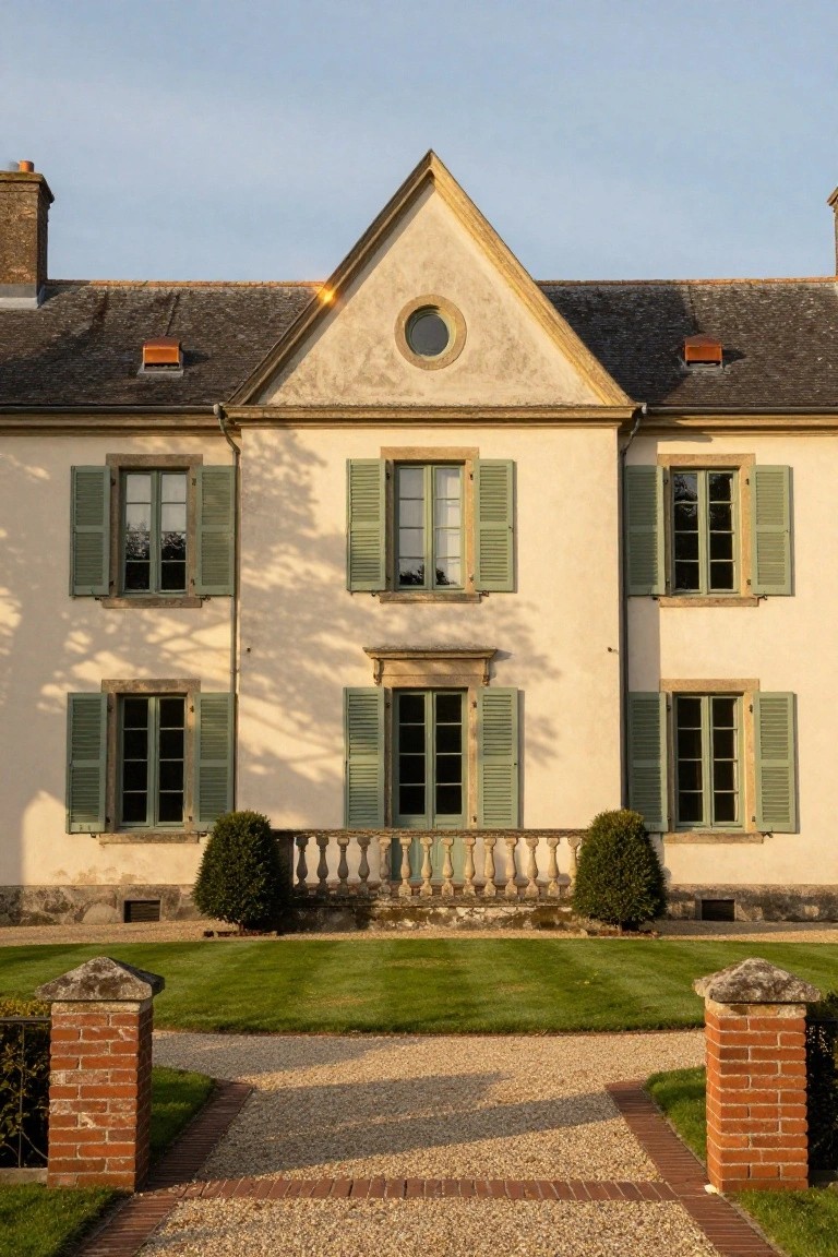 Front view of a two-story cream stucco house with green shutters on multi-paned windows, a central pedimented doorway with balustrade, slate roof, brick pillars, and gravel path in front.