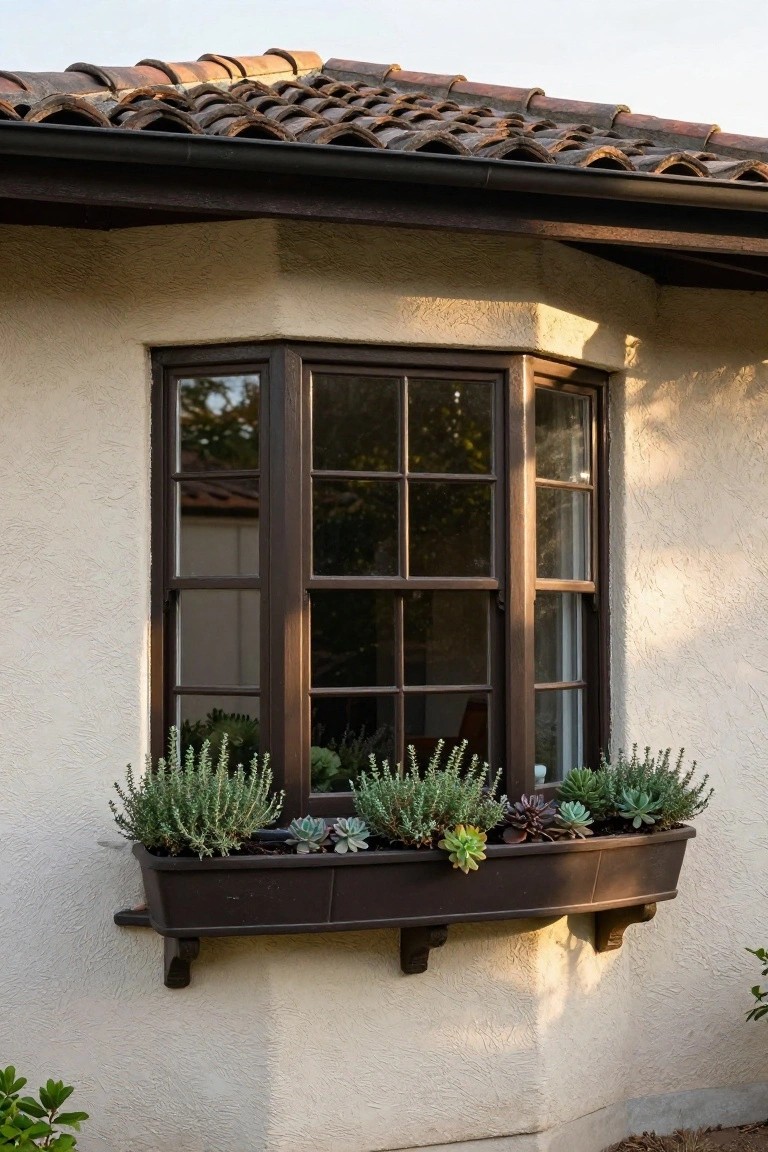 Beige stucco exterior wall of a house featuring a dark wood bay window with multiple panes, a brown window box below filled with succulents and herbs, wooden brackets, and terracotta roof tiles overhead.