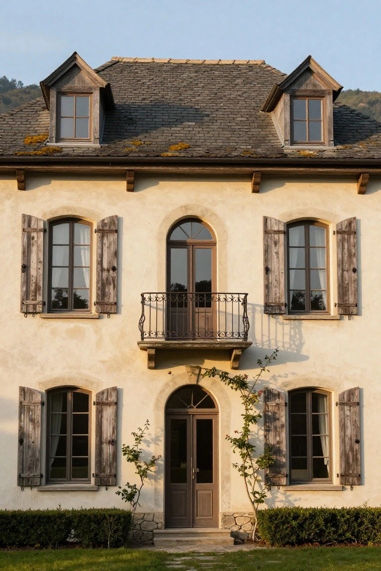Front facade of a two-story beige stucco house featuring distressed wooden shutters on arched windows, a wrought-iron balcony above an arched entry door, slate roof with dormers, climbing vine, and boxwood hedges.