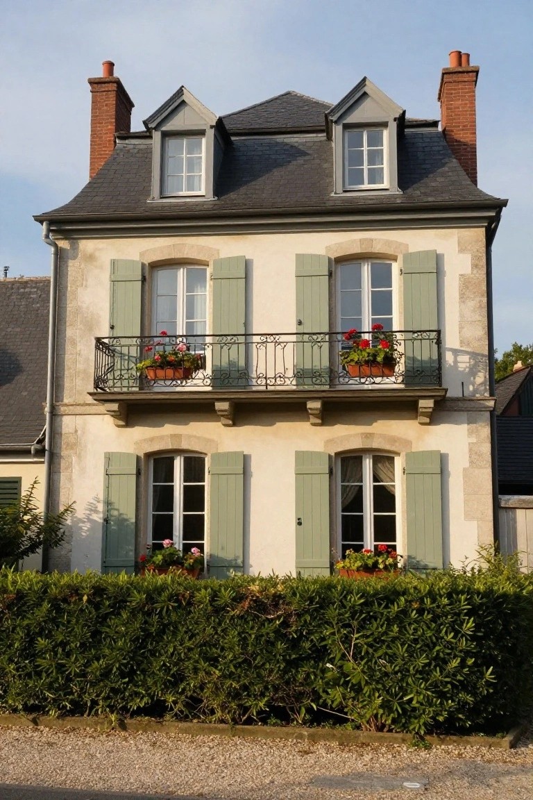 Two-story beige stucco house with dark slate mansard roof, two dormer windows, green shutters on multiple windows, second-floor wrought-iron balcony with red flower boxes, flowers in lower window boxes, and dense green boxwood hedge along the front.