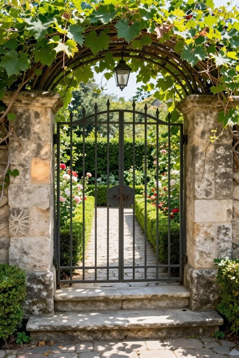 Black wrought iron gate with pointed finials in arched stone pillars draped with green vines and ivy, opening to a gravel path flanked by boxwood hedges and pink rose bushes.