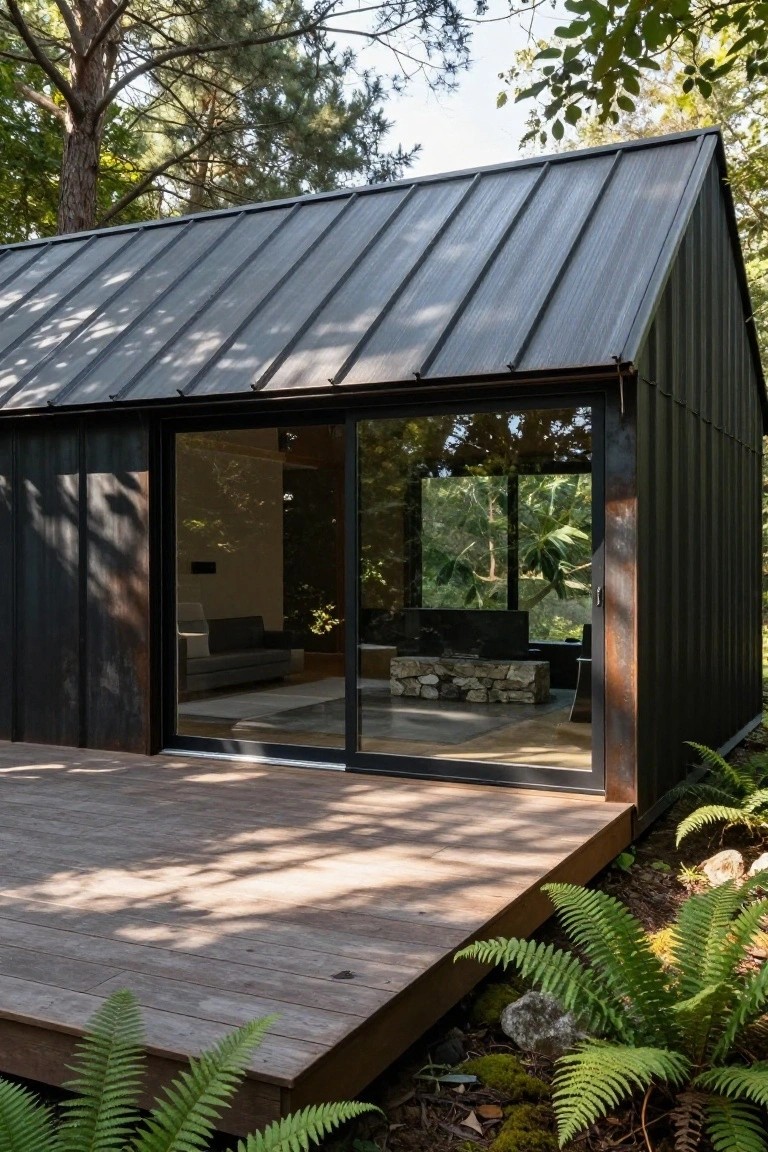 A small cabin with black metal walls and sloped roof has large sliding glass doors opening from the interior onto a wooden deck surrounded by pine trees, ferns, and forest ground cover.