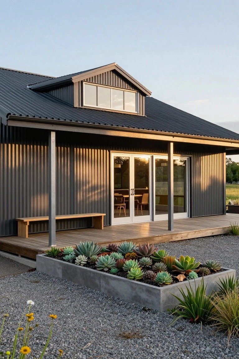 Dark gray corrugated metal house with gabled roof, wooden deck porch, bench seat, white sliding glass doors, metal post supports, and concrete succulent planter box in gravel yard.