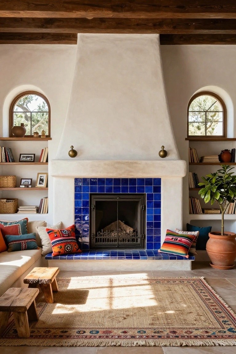 Hacienda-style living room with tall white stucco fireplace featuring blue tiled surround and insert, built-in wooden shelves on sides holding books and pottery, low beige sofa with colorful patterned pillows, wooden stools, terracotta floor, and arched windows with olive trees outside.