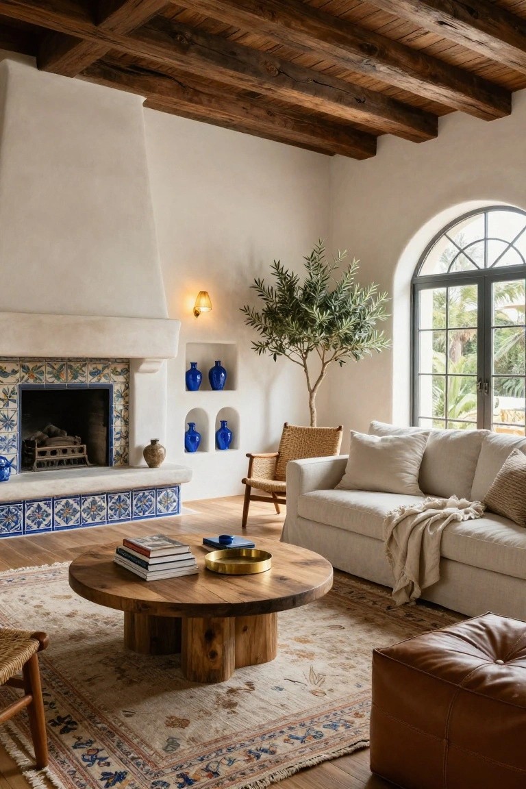 Hacienda living room with white stucco walls, exposed wooden beam ceiling, blue-tiled fireplace, beige sofa, rattan chair, wooden coffee table, olive tree, blue vases, and arched black-framed window with outdoor view.