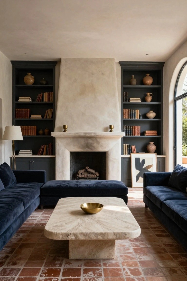 Living room with tall dark built-in bookshelves flanking a textured plaster fireplace, filled with books and pottery, navy velvet sofas around a rectangular travertine coffee table, terracotta tile floor, and arched window with greenery outside.