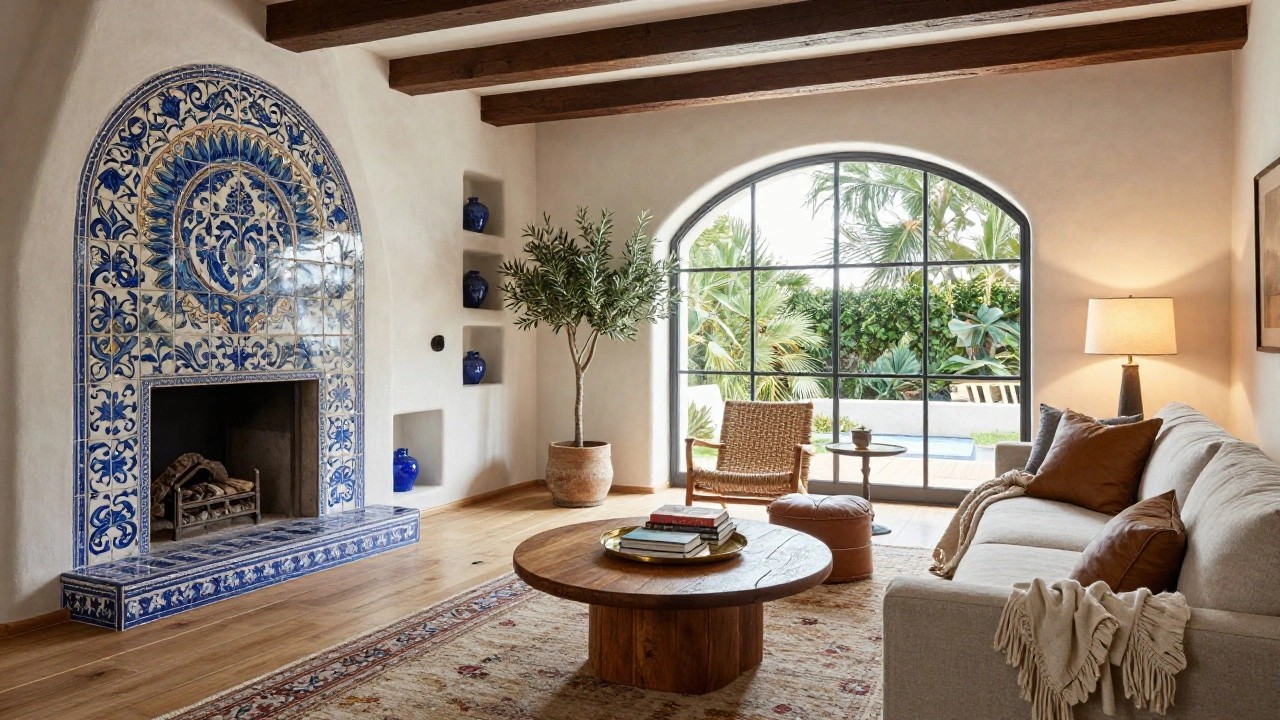 Hacienda living room with white stucco walls, exposed wooden beam ceiling, blue-tiled fireplace, beige sofa, rattan chair, wooden coffee table, olive tree, blue vases, and arched black-framed window with outdoor view.