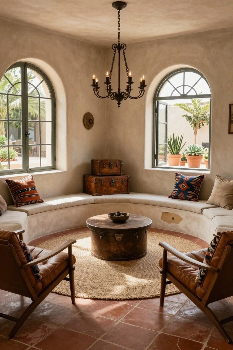Rustic round room with arched windows, leather chairs, and a chandelier.