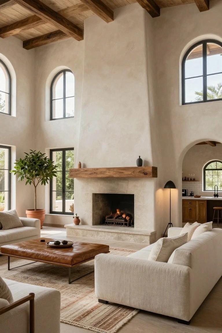 Modern hacienda living room featuring high exposed wood beam ceilings, tall curved plaster chimney with fireplace, cream upholstered sofas, leather ottoman, potted tree, and arched black-framed windows overlooking landscape.