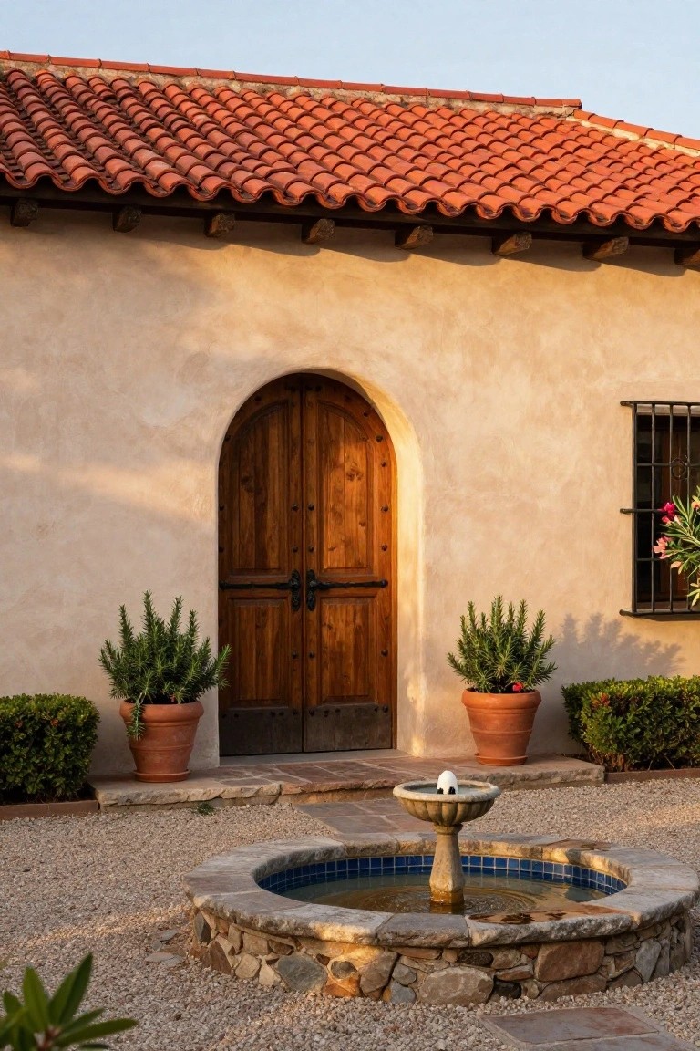 Spanish-style stucco house exterior with red tile roof, large arched dark wooden double doors, potted spiky plants on either side, barred window with flowers, and circular stone fountain in gravel courtyard.