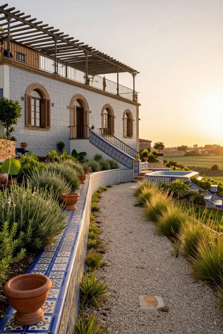 White stucco Spanish-style house exterior with blue and white patterned tile accents on walls and stairs, arched windows with wooden shutters, balcony with pergola, small pool, gravel path, and potted plants at sunset.