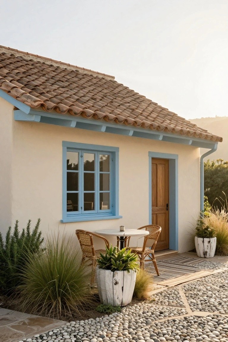 Small Spanish-style house with creamy stucco walls, blue trim framing a multi-pane window and wooden door, terracotta tile roof, bistro table with two wicker chairs on a pebble stone patio edged with grasses and potted plants.