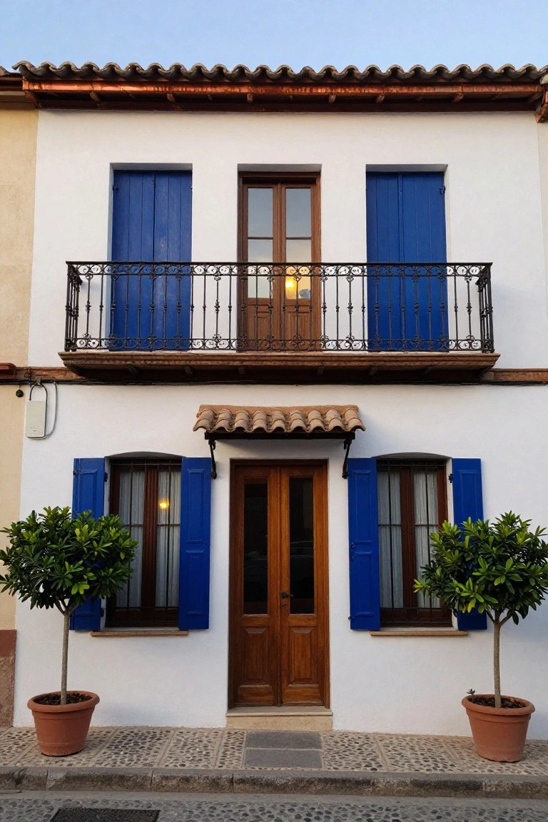 Two-story white stucco house with blue shutters on all windows and doors, wooden double front doors, wrought-iron balcony, terracotta tile awning and roof, and potted topiary trees flanking the entrance on a pebbled walkway.