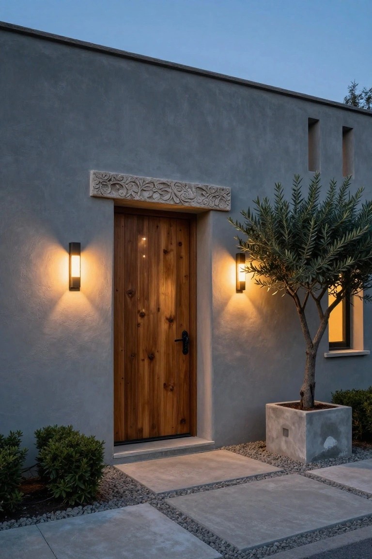 Gray stucco exterior wall with a wooden front door under a carved stone lintel, flanked by two black wall sconces, a potted olive tree to the right, boxwood shrubs to the left, and concrete paver pathway.