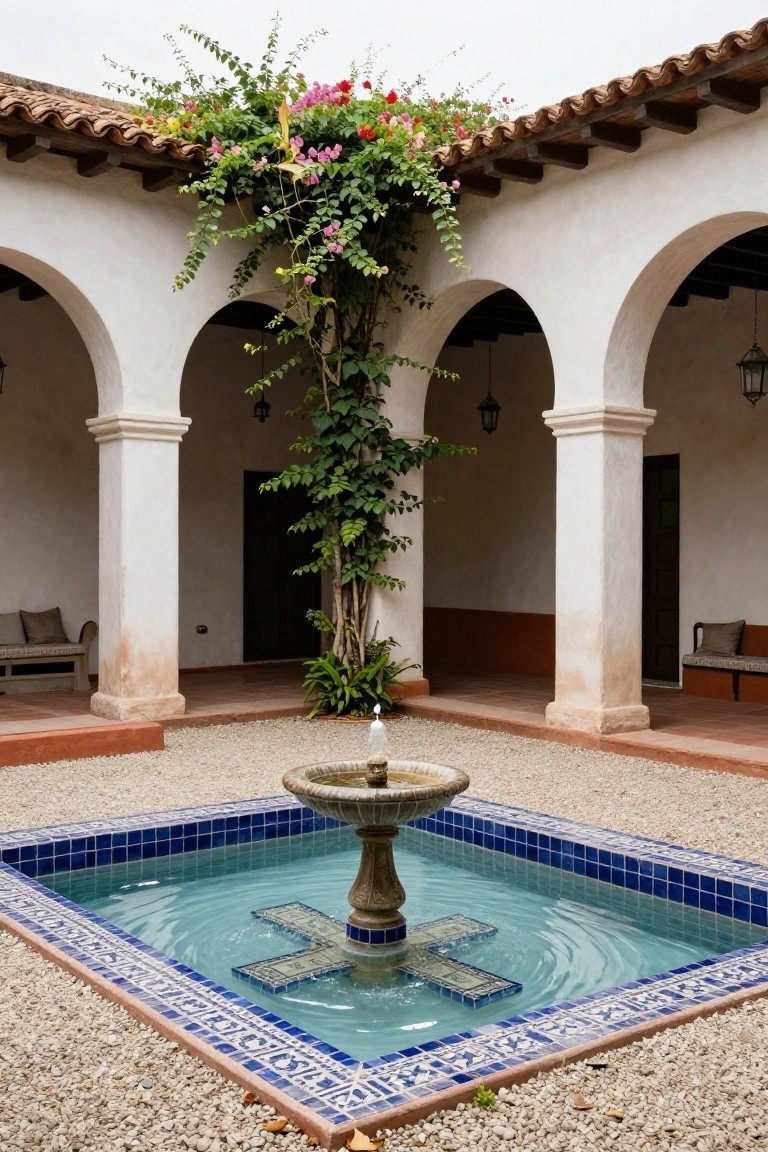 White stucco courtyard with arched colonnades, pink bougainvillea climbing walls and arches, central stone fountain in blue tiled square pool on gravel ground, wooden benches on terracotta floors, lanterns hanging from arches.