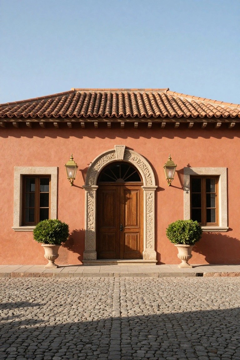 Pink terracotta house exterior with terracotta tile roof, arched carved stone entryway with double wooden doors, flanked by lanterns and potted topiary shrubs on a cobblestone courtyard.