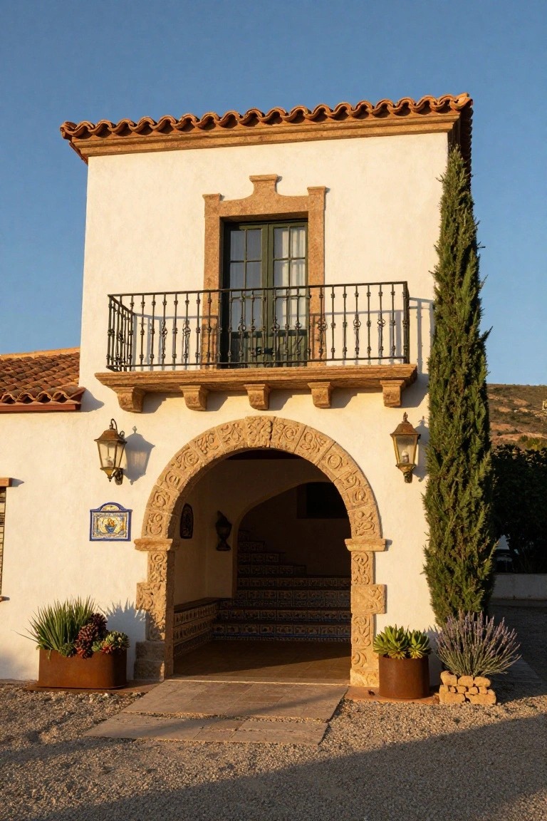 White stucco Spanish-style house exterior with terracotta tile roof, ornate carved stone arched entryway flanked by lanterns and potted plants, wrought-iron balcony above, tall cypress tree, and gravel foreground under blue sky.