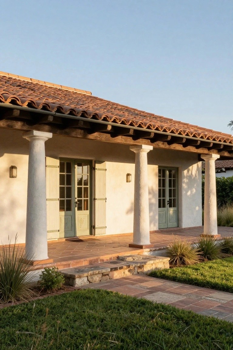 Stucco house with terracotta roof, green doors, white columns, and stone patio.