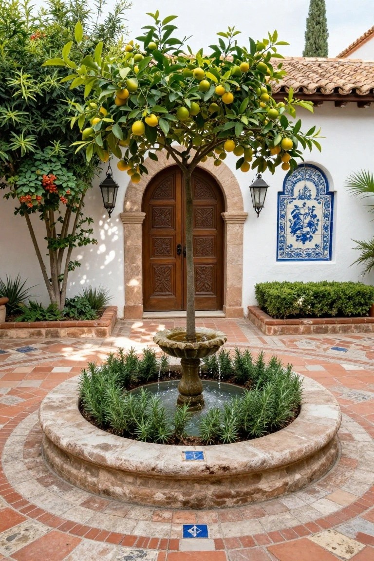 Spanish-style courtyard with central stone fountain surrounded by rosemary in a circular basin, dwarf orange tree with fruit, white stucco wall with arched wooden door, blue tiled accents, lanterns, and various plants on terracotta flooring.
