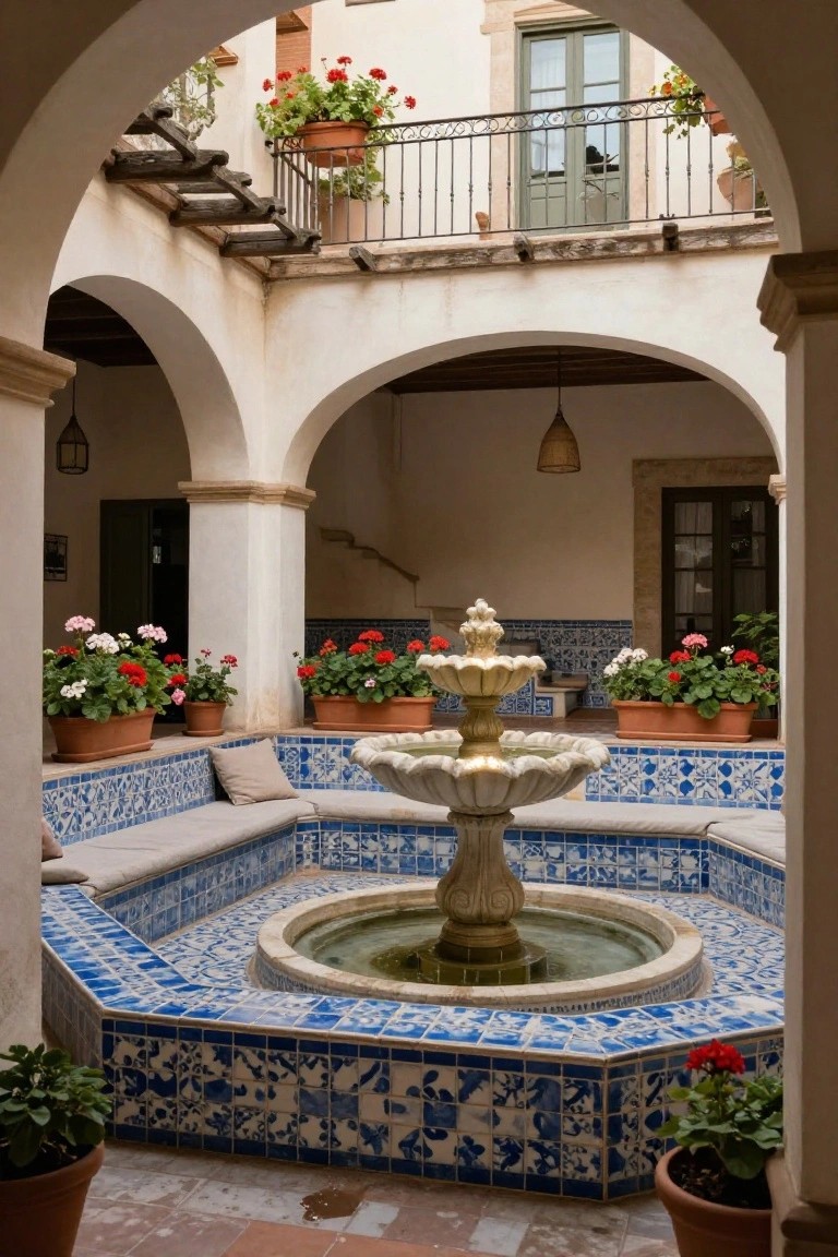 Spanish-style courtyard with central three-tiered golden fountain in blue tiled basin, surrounded by built-in benches, potted red geraniums, and arched doorways leading to upper balcony.