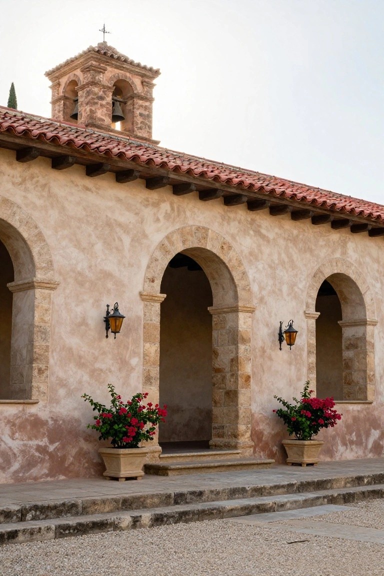 Spanish-style house exterior featuring beige stucco walls, red tile roof, stone bell tower, three arched openings with iron lanterns, and large terracotta pots of red bougainvillea flanking the central entry steps on a gravel courtyard.