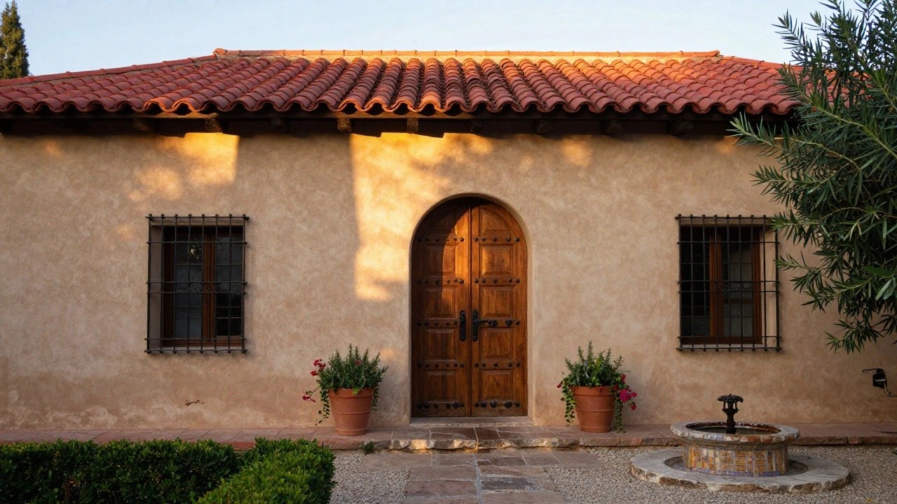 Spanish-style stucco house exterior with red tile roof, large arched dark wooden double doors, potted spiky plants on either side, barred window with flowers, and circular stone fountain in gravel courtyard.
