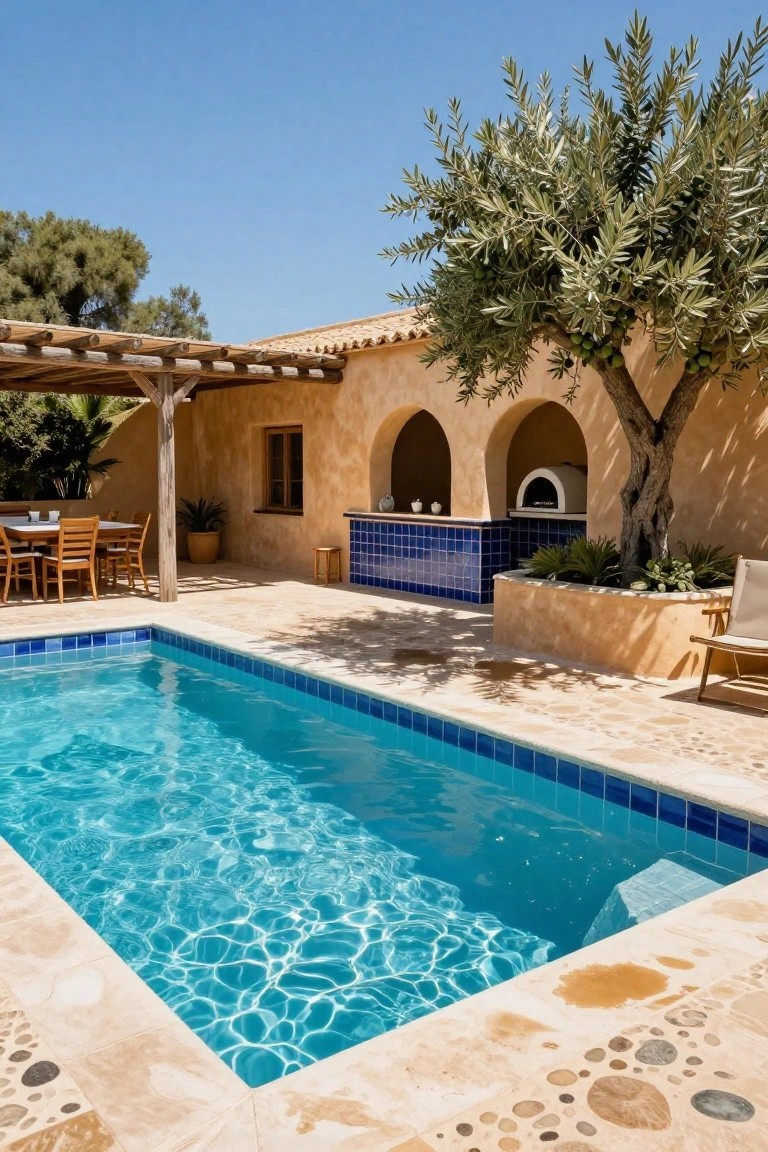 A narrow pool with blue tiles surrounded by beige stone patio, featuring a built-in outdoor kitchen with blue tiled counter, white wood-fired oven, dining table with chairs, lounge chair, olive tree, and pergola-covered seating area against arched stucco walls.