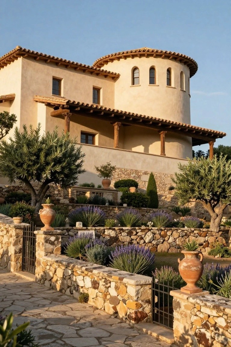Beige stucco Spanish-style house featuring a rounded tower section with terracotta tile roof and exposed wood beams, surrounded by stone walls, olive trees, lavender beds, and terracotta pots.