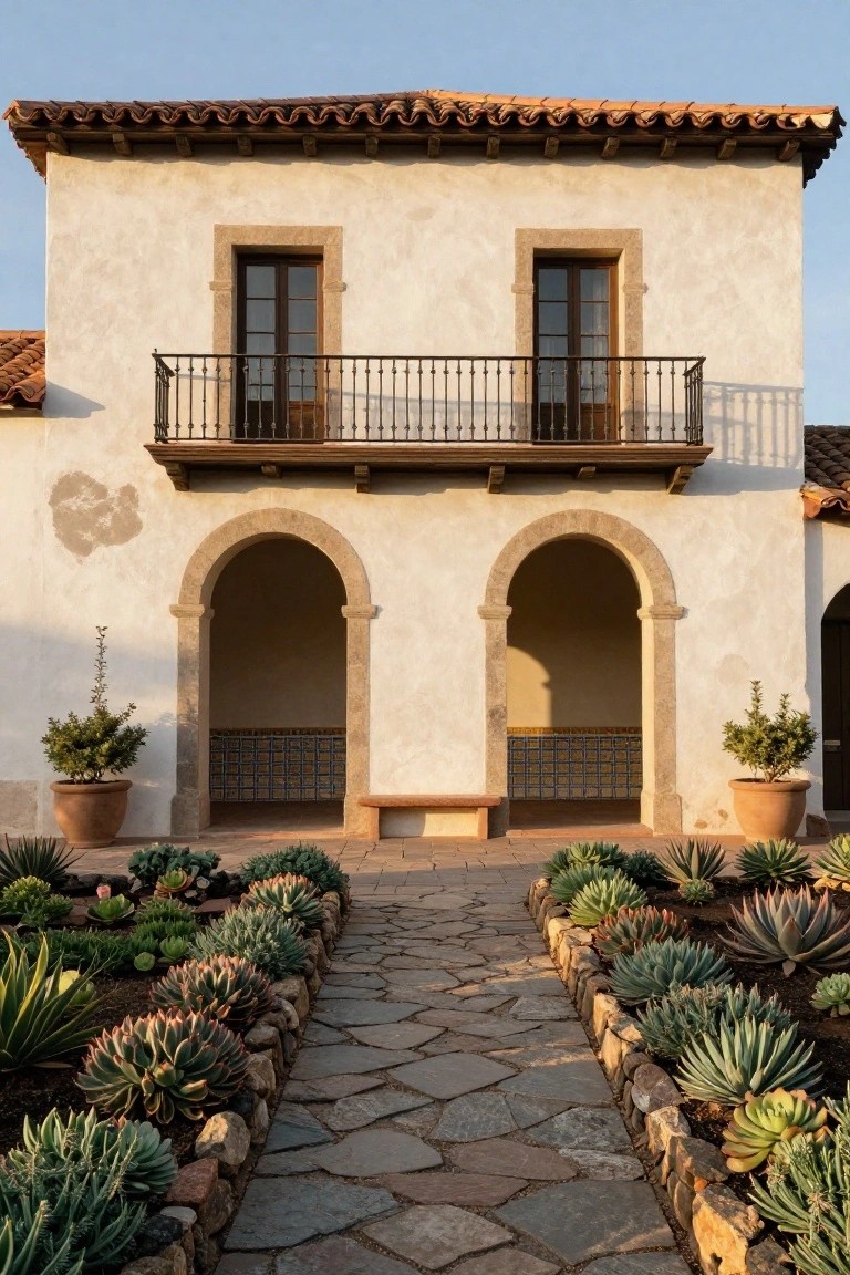 White stucco house with red tile roof, metal balcony, double arched entries with tile accents, flanked by potted plants, and a central stone pathway bordered by succulent gardens.