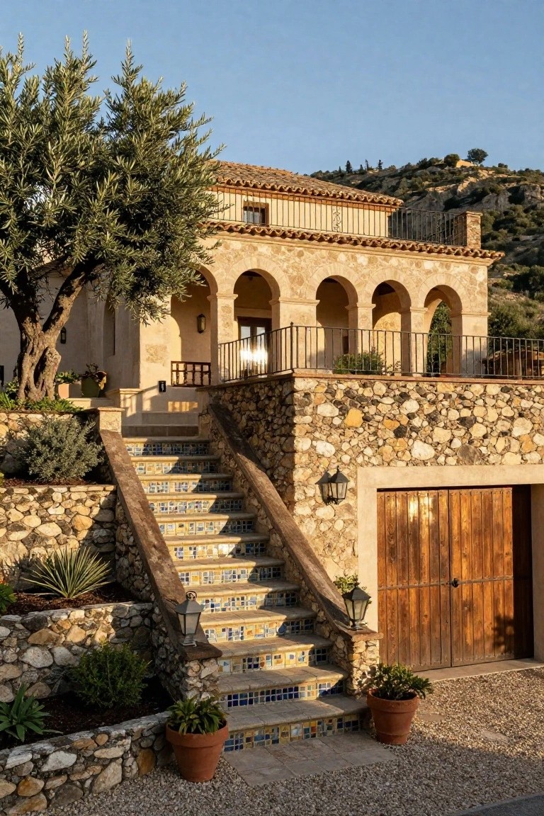 Beige stucco Spanish-style house on a hillside with terracotta roof, arched doorways, and wooden garage doors below a wide stone staircase featuring blue mosaic tile risers, flanked by olive trees, stone walls, and potted plants.