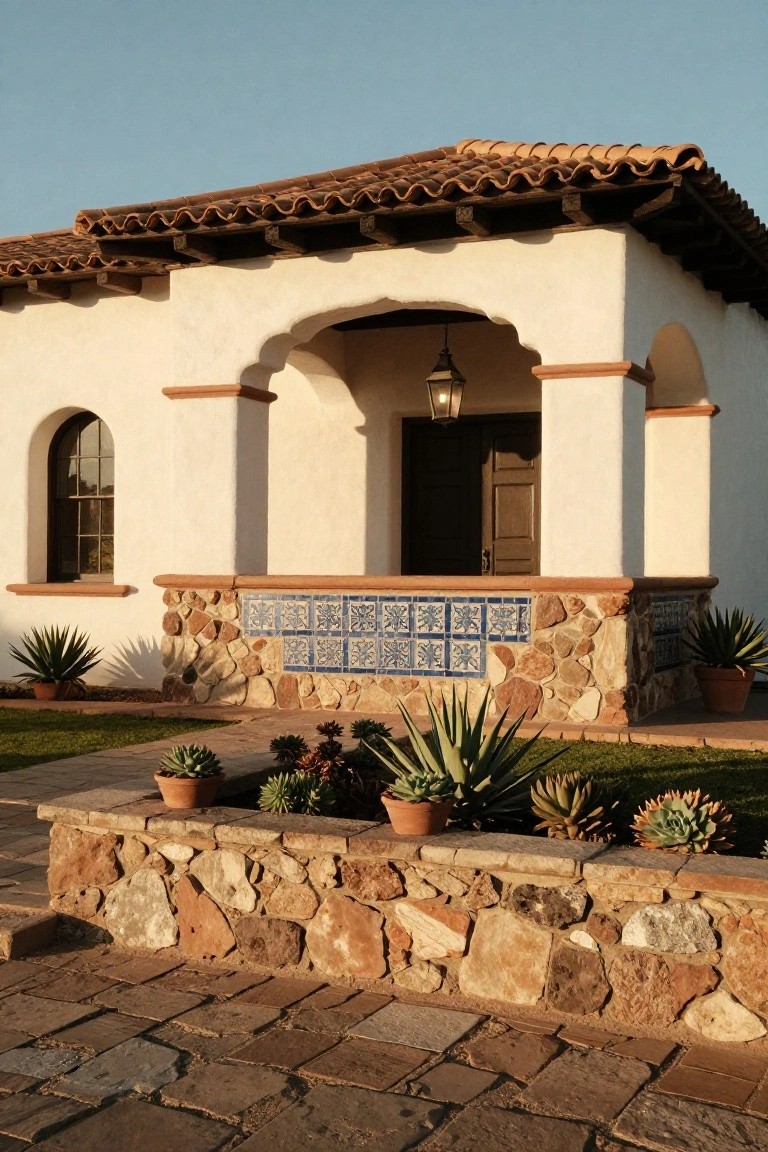 White stucco Spanish-style house with red barrel tile roof, arched entry porch with hanging lantern, blue square tiles in stone base walls, potted succulents and agaves, and stone paver path in front.