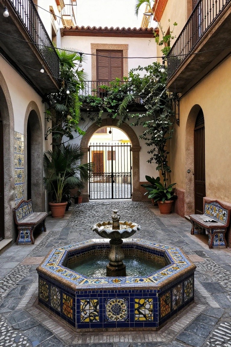 Spanish-style interior courtyard with central octagonal blue-and-yellow tiled fountain, potted plants, wooden benches, arches, balconies, and wrought iron gate.