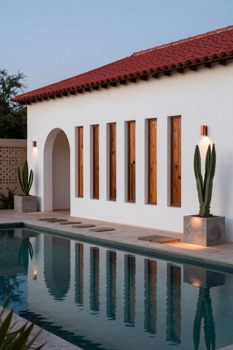 White stucco exterior wall of a house with red tile roof, recessed wooden shutters on narrow windows, arched entryway, potted cacti plants, copper wall lights, stepping stones, and a long rectangular pool reflecting the facade at dusk.