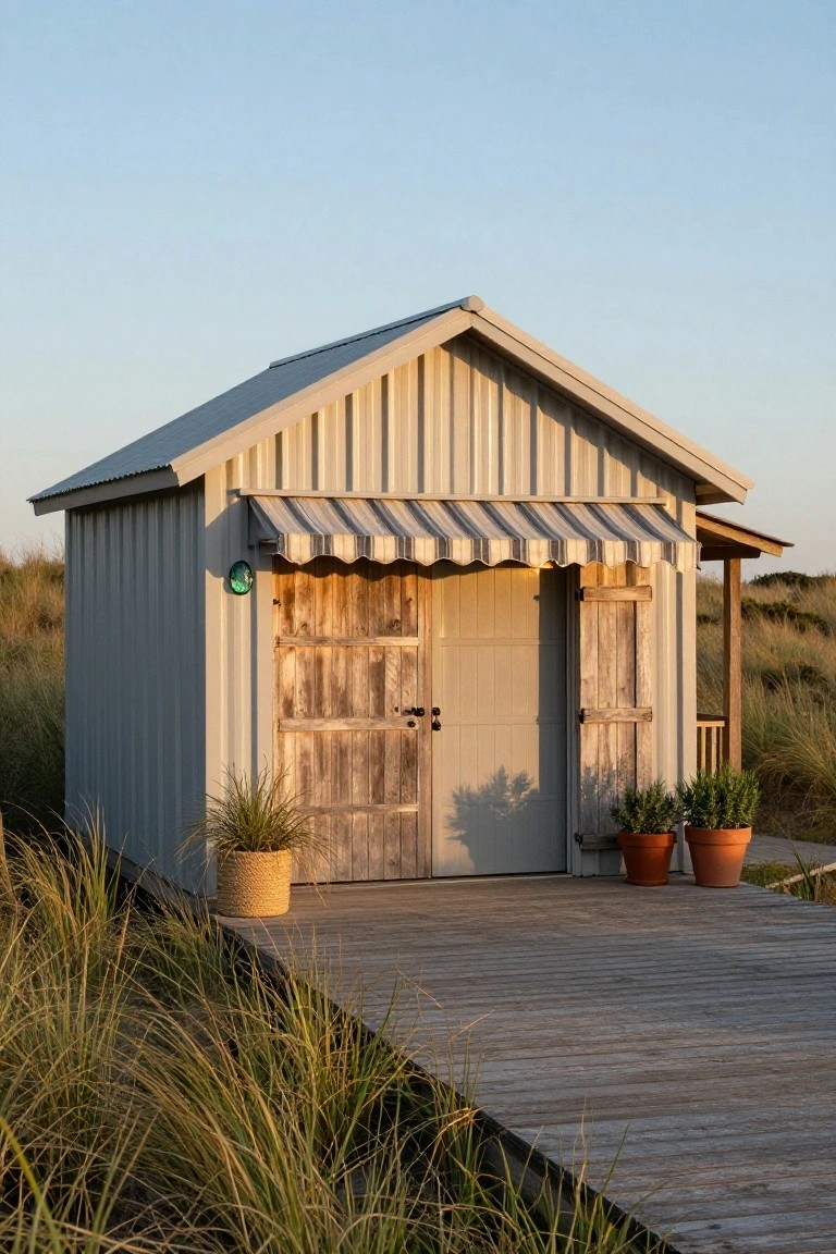 Small gray corrugated metal shed with double weathered wooden barn doors, striped awning, potted plants in terracotta pots, and woven basket plant on a wooden deck path amid tall beach grasses and dunes under a clear blue sky.