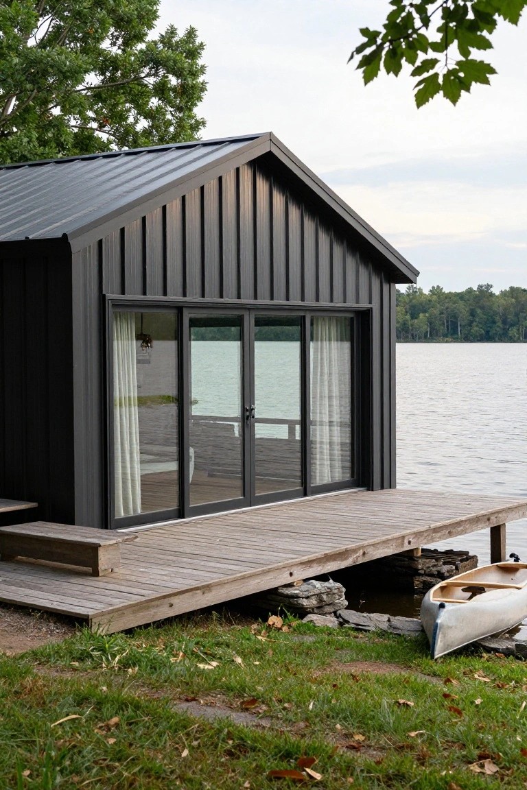 Black corrugated metal-sided gabled building with large sliding glass doors and white curtains, positioned on a wooden dock extending over a lake with a white canoe tied nearby and trees in the background.