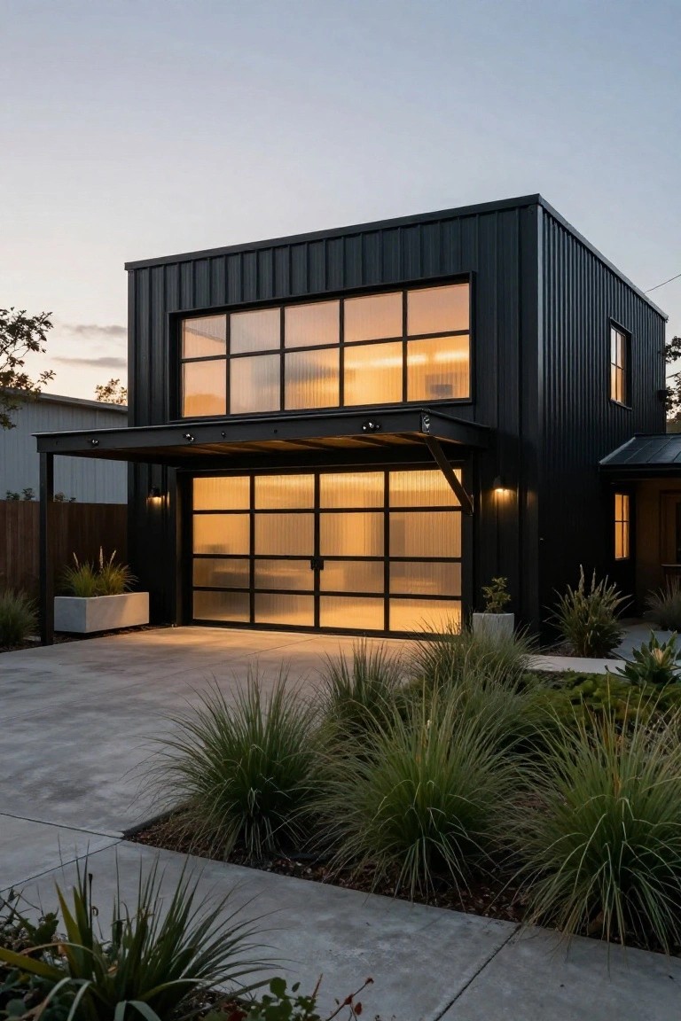 Black corrugated metal house exterior at dusk featuring a large frosted glass garage door under a cantilevered carport, large grid windows, potted grasses, and driveway landscaping.