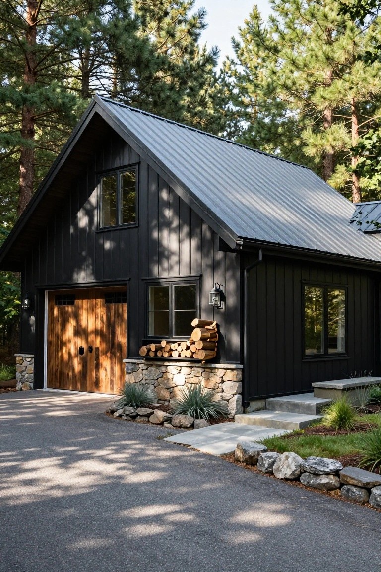 Black board-and-batten sided garage building with gray metal gable roof, double wooden garage doors, stone foundation, firewood stack, lantern light, and rock landscaping amid pine trees.