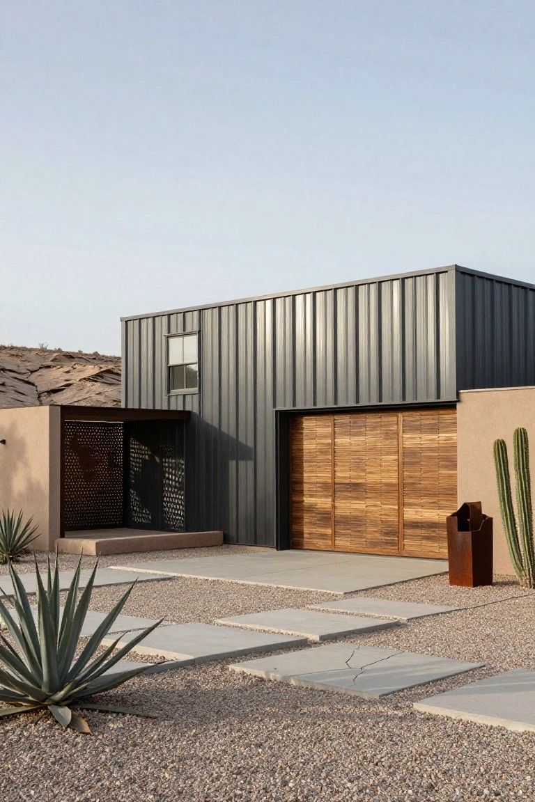 Exterior of a rectangular modern home with dark corrugated metal siding, large wooden slat garage door, beige stucco entry screen, agave plants, concrete pavers, and gravel in a desert landscape.