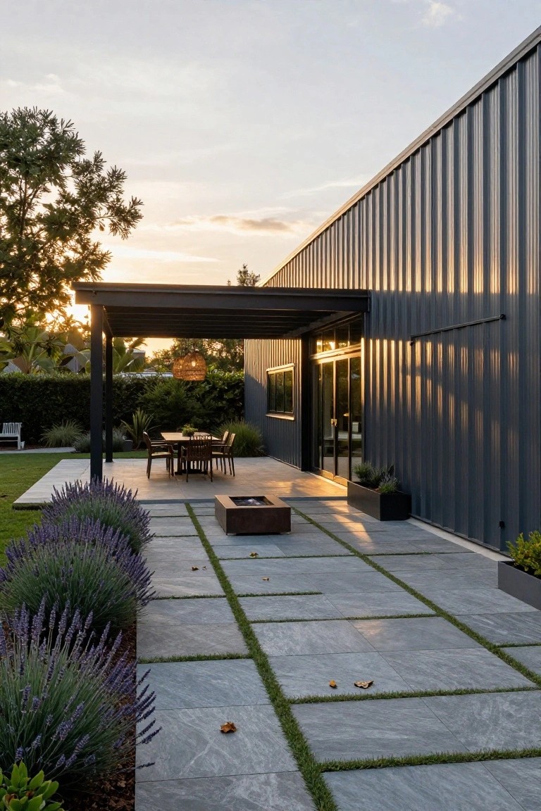 Side exterior of a dark corrugated metal building home with a covered patio featuring a rectangular wooden dining table, four chairs, square fire pit, potted plants, lavender borders, and large gray pavers with grass joints at sunset.