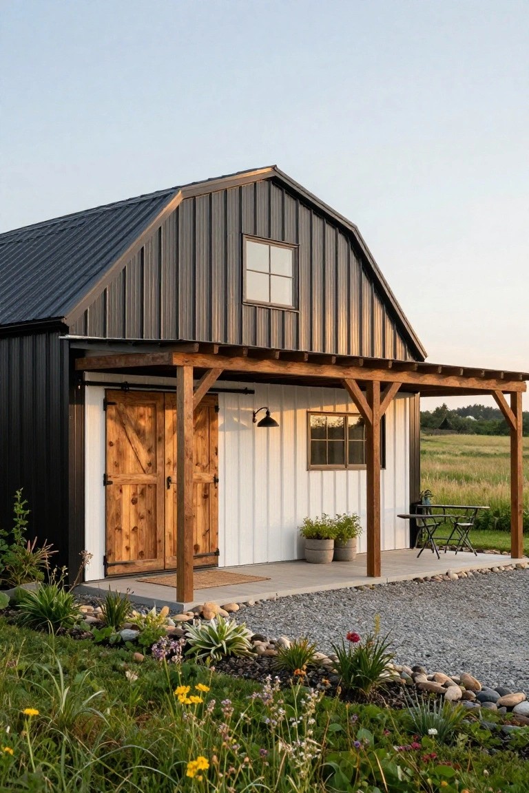 Black metal barn-style home with gambrel roof, white vertical siding on one side, wooden double garage doors, covered wooden porch with beams, potted plants, metal chairs and table, gravel area, and surrounding native plants and rocks on a rural site.