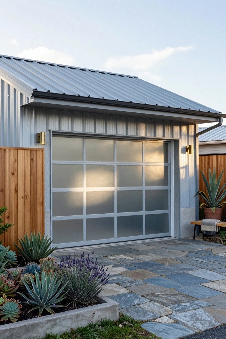 Corrugated metal garage with large frosted glass paneled door, cedar wood fences on sides, succulents and lavender in concrete bed, slate stone pathway, outdoor setting.
