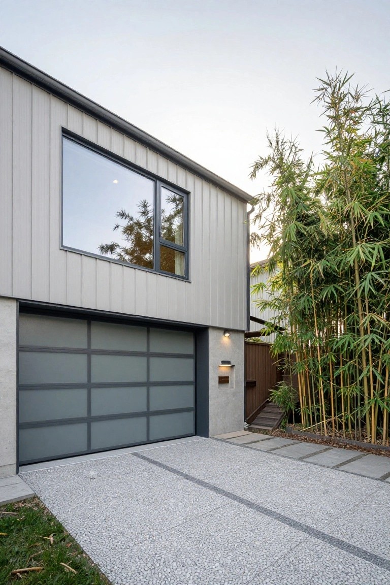 Side view of a modern gray metal-clad house with a large frosted glass paneled garage door, upper-level windows, wall lights, and tall bamboo plants beside a pebble-paved driveway.