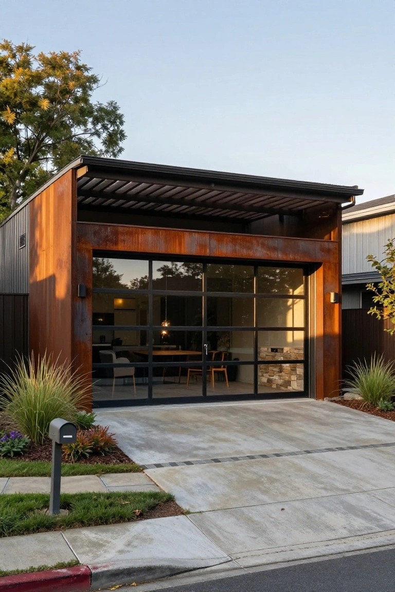 Modern rectangular home with corten steel siding and large glass-paneled garage door revealing interior dining space, concrete driveway, landscaping, and adjacent fence.