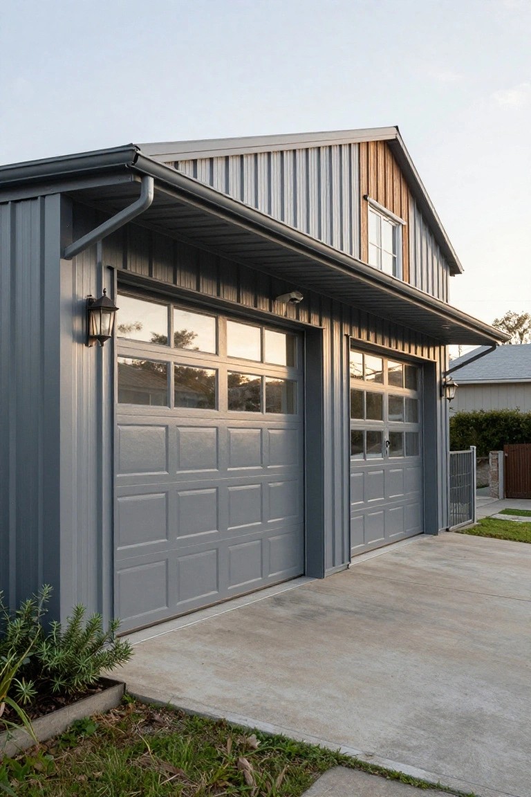Side exterior of a gray corrugated metal building with two large matching gray garage doors with glass panels, wooden gable end, lantern light, downspout, security camera, and concrete driveway beside a fence and landscaping.