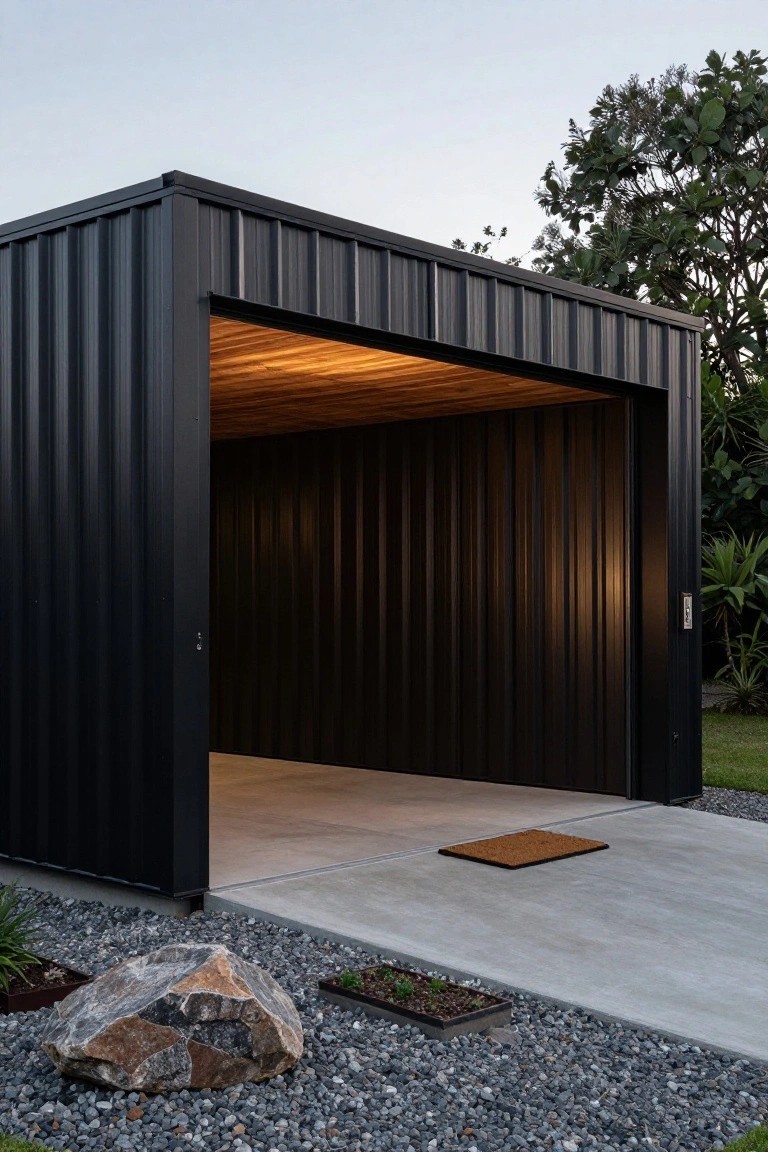 Black corrugated metal garage structure with open roller door revealing wooden slat ceiling, concrete floor inside, gravel path and rocks outside, trees and plants in background.