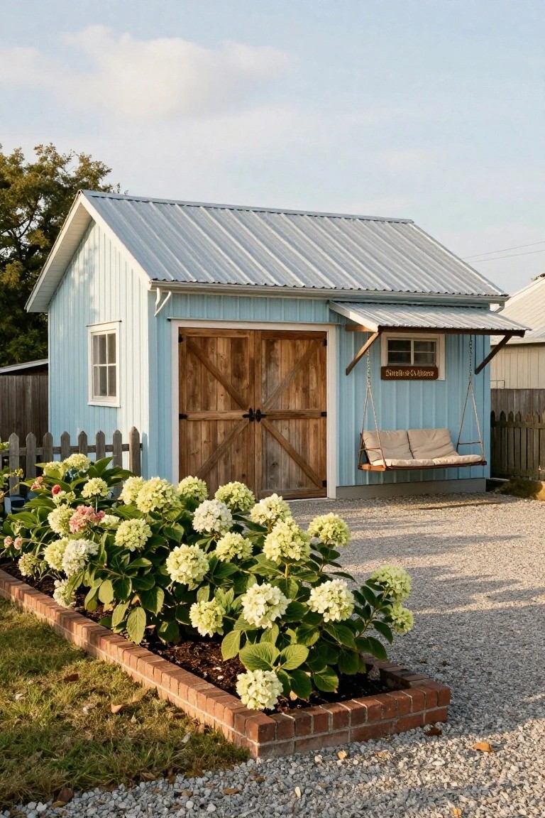 Light blue clapboard shed with gray metal roof, large wooden Z-brace double garage doors, side awning with small window and hanging porch swing bench, brick-edged hydrangea bed, gravel ground, and white picket fence.