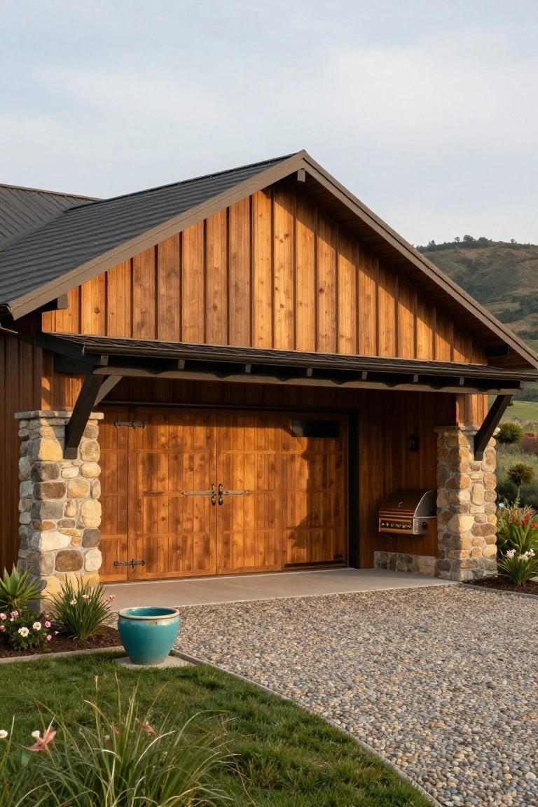 Gabled garage exterior with dark metal roof, vertical tan wood siding, stone pillars under the overhang, paired wooden doors, built-in metal barbecue grill, gravel driveway, potted blue ceramic planter, low plants and grass edging, and distant hills.
