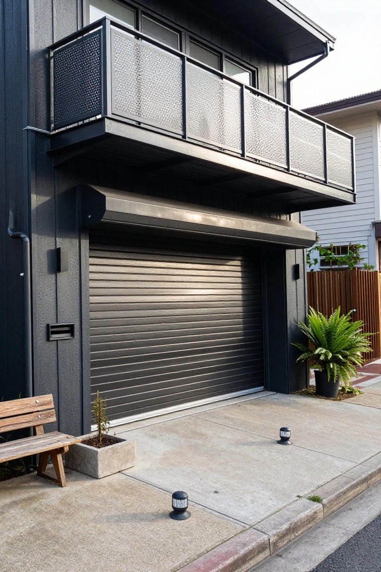Side exterior of a two-story modern house with dark vertical metal cladding, closed grey roller shutter garage door, upper balcony with perforated metal railing, potted plants nearby, wooden bench, and concrete driveway.