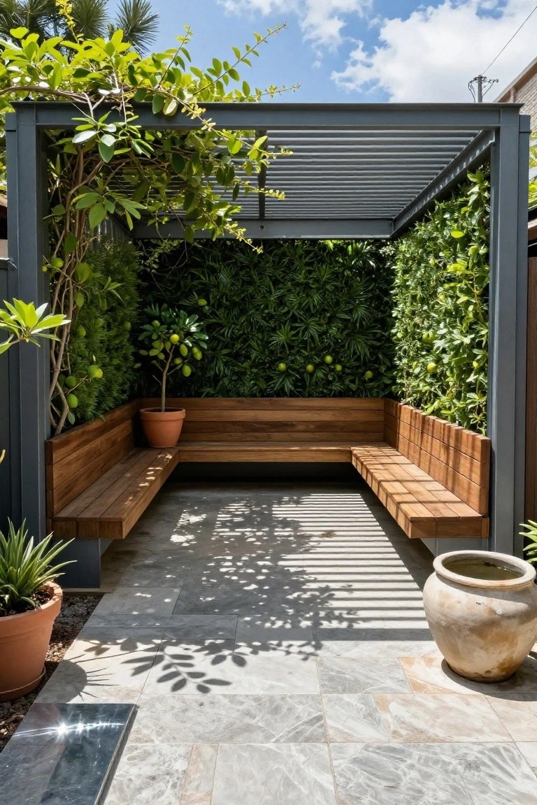 Metal pergola enclosing an L-shaped wooden bench seating area with vertical green walls, a potted lemon tree, and surrounding potted plants on a gray tiled patio floor.