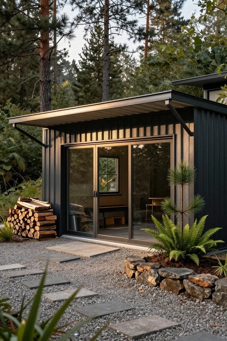 Black corrugated metal building with wide overhanging roof, large sliding glass doors, firewood stack, gravel path, stone edging, plants, and surrounding forest.